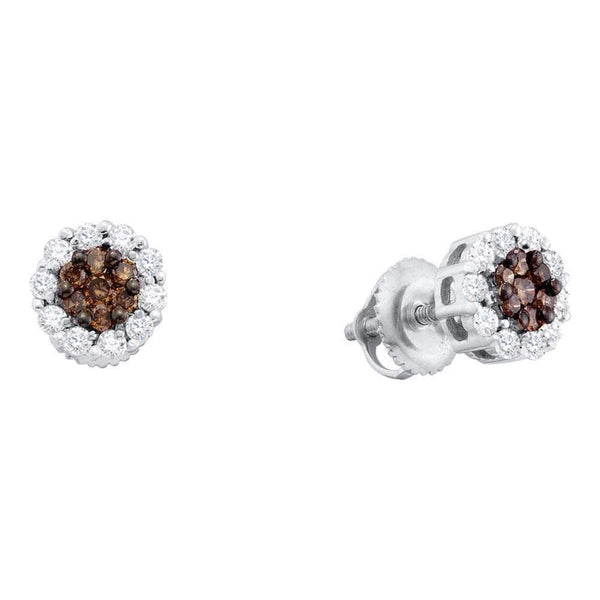 14k White Gold Women's Cognac-brown Color Enhanced Diamond Halo Flower Cluster Screwback Stud Earrings 1-2 Cttw - FREE Shipping (USA/CAN)-Gold & Diamond Earrings-JadeMoghul Inc.