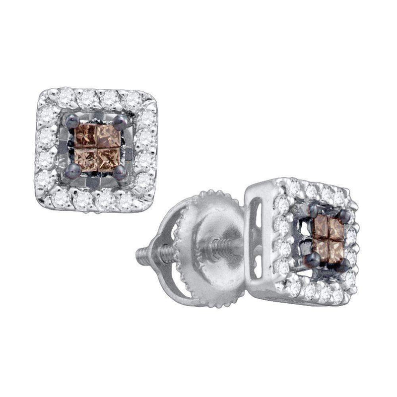 14k White Gold Women's Cognac-brown Color Enhanced Princess Diamond Stud Square Screwback Earrings 1-3 Cttw - FREE Shipping (USA/CAN)-Gold & Diamond Earrings-JadeMoghul Inc.