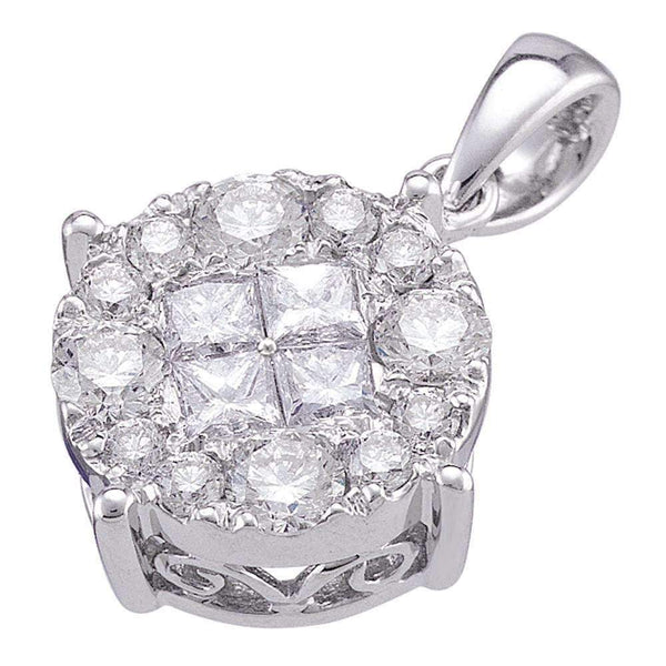 14K White Gold Women's Princess Round Diamond Soleil Cluster Pendant 1.00 Cttw - FREE Shipping (US/CAN)-Gold & Diamond Pendants & Necklaces-JadeMoghul Inc.