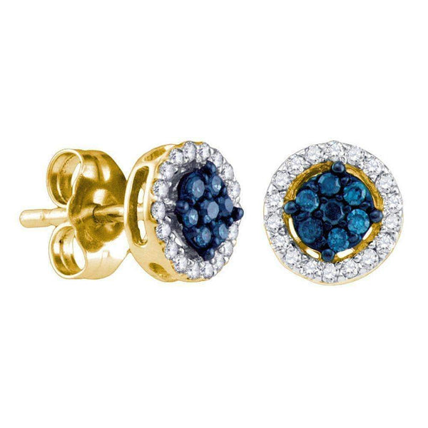 14k Yellow Gold Women's Round Blue Color Enhanced Diamond Cluster Stud Screwback Earrings 1-4 Cttw - FREE Shipping (USA/CAN)-Gold & Diamond Earrings-JadeMoghul Inc.