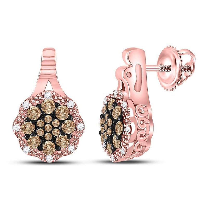 14kt Rose Gold Women's Brown Color Enhanced Diamond Cluster Earrings 1/2 Cttw-Gold & Diamond Earrings-JadeMoghul Inc.
