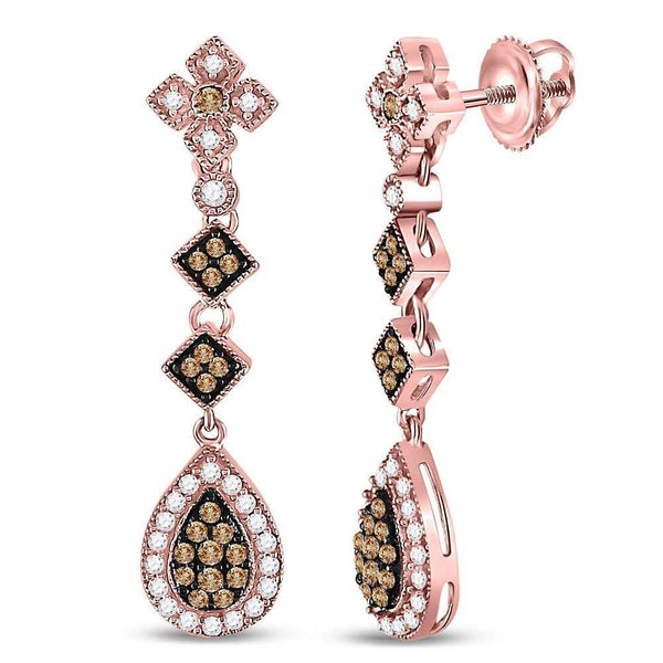14kt Rose Gold Women's Brown Color Enhanced Diamond Dangle Earrings 7/8 Cttw-Gold & Diamond Earrings-JadeMoghul Inc.