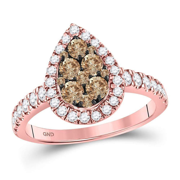 14kt Rose Gold Women's Cognac-brown Color Enhanced Diamond Teardrop Cluster Ring 1.00 Cttw-Gold & Diamond Rings-JadeMoghul Inc.