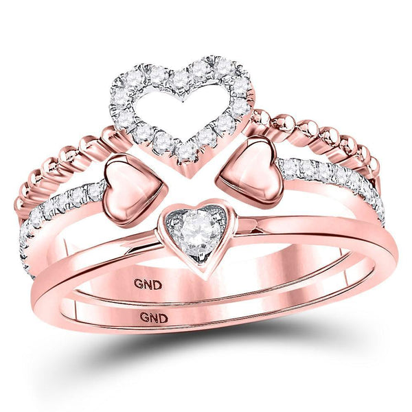 14kt Rose Gold Women's Diamond 2-Piece Beaded Heart Band Ring Set 1/3 Cttw-Gold & Diamond Rings-JadeMoghul Inc.