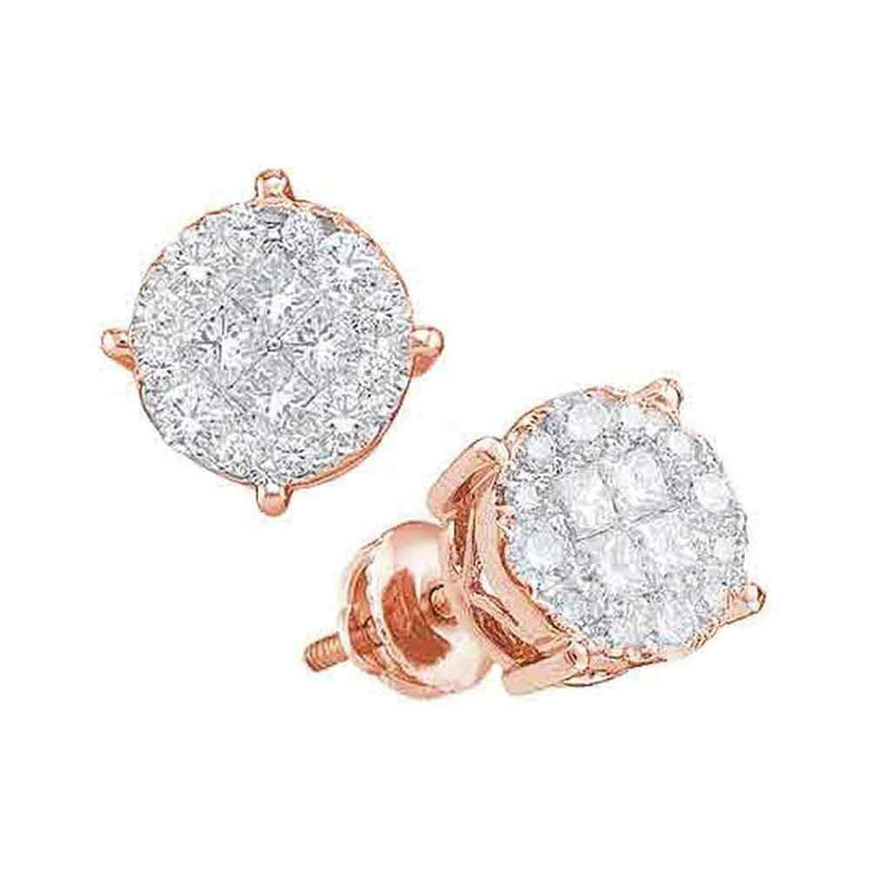 14kt Rose Gold Women's Princess & Round Diamond Soleil Cluster Screwback Earrings 1.00 Cttw - FREE Shipping (US/CAN)-Gold & Diamond Earrings-JadeMoghul Inc.