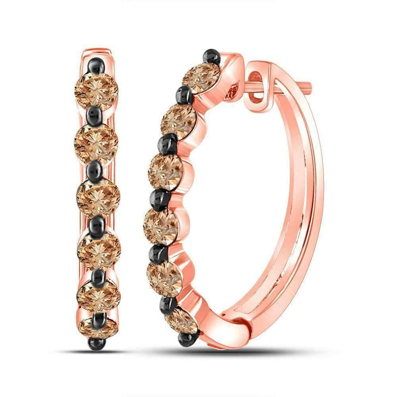 14kt Rose Gold Womens Round Brown Color Enhanced Diamond Hoop Earrings 1.00 Cttw-Gold & Diamond Earrings-JadeMoghul Inc.