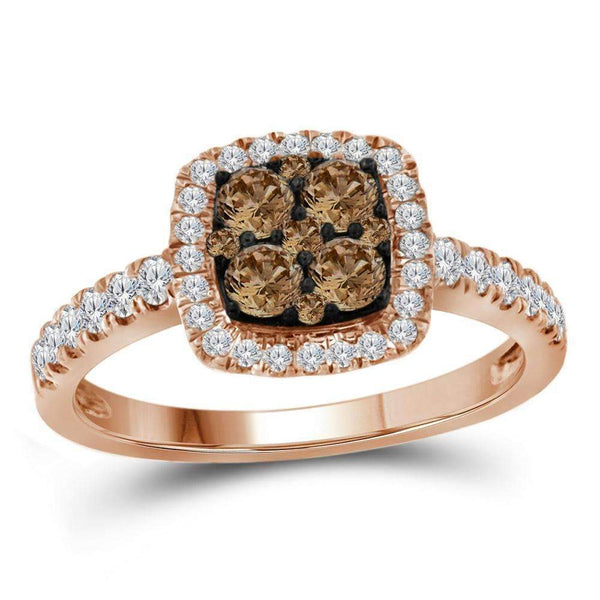 14kt Rose Gold Womens Round Brown Diamond Square Cluster Ring 3-4 Cttw-Gold & Diamond Cluster Rings-JadeMoghul Inc.