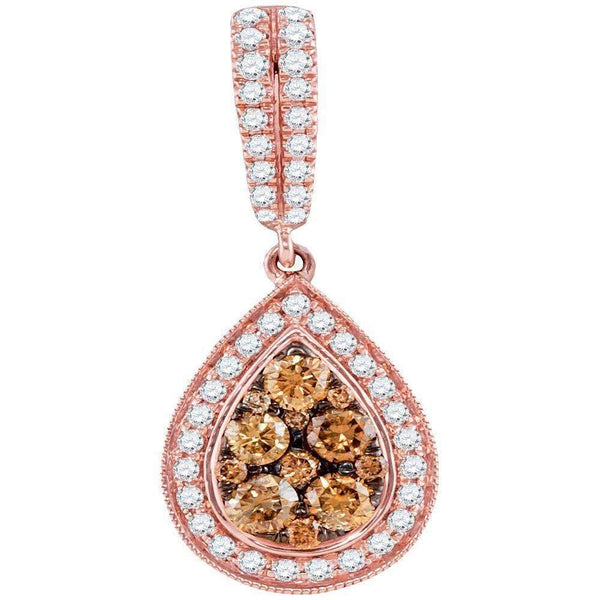 14kt Rose Gold Womens Round Brown Diamond Teardrop Cluster Pendant 1.00 Cttw-Gold & Diamond Pendants & Necklaces-JadeMoghul Inc.