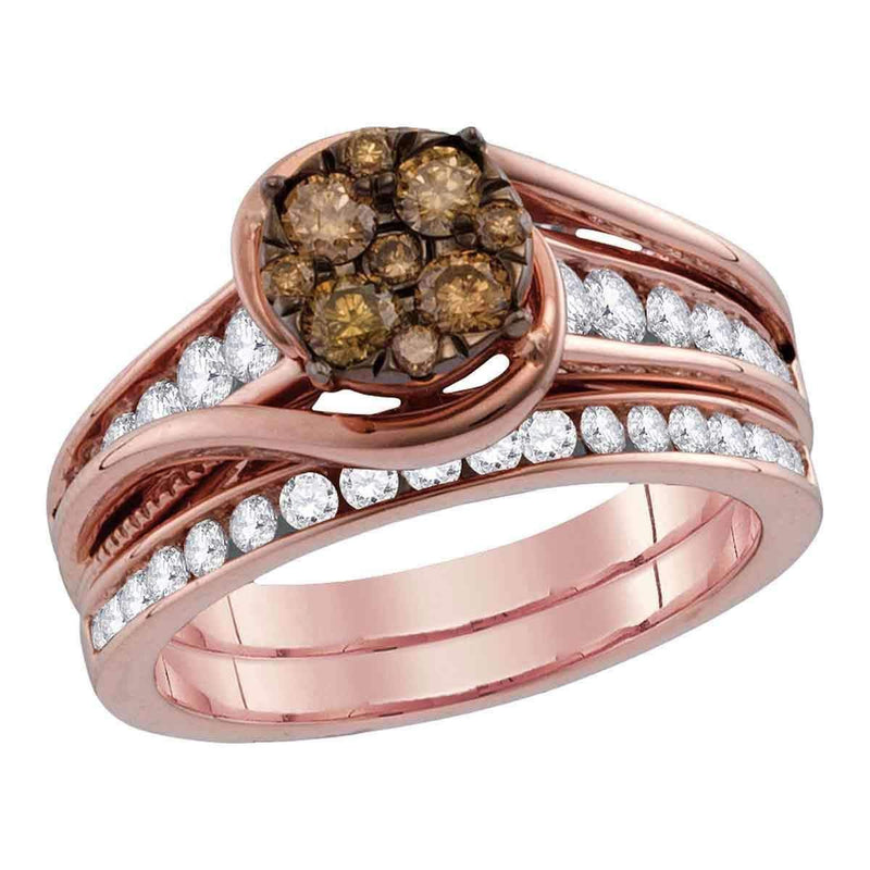14kt Rose Gold Women's Round Cognac-brown Color Enhanced Diamond Bridal Wedding Engagement Ring Band Set 1 Cttw - FREE Shipping (US/CAN)-Gold & Diamond Wedding Ring Sets-5-JadeMoghul Inc.