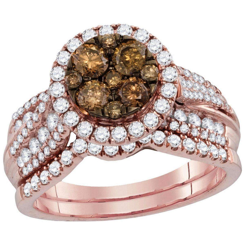 14kt Rose Gold Women's Round Cognac-brown Color Enhanced Diamond Bridal Wedding Engagement Ring Band Set-Gold & Diamond Wedding Ring Sets-5.5-JadeMoghul Inc.