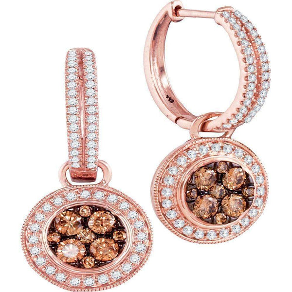 14kt Rose Gold Women's Round Cognac-brown Color Enhanced Diamond Circle Cluster Dangle Earrings 1-1-20 Cttw - FREE Shipping (USA/CAN)-Gold & Diamond Earrings-JadeMoghul Inc.