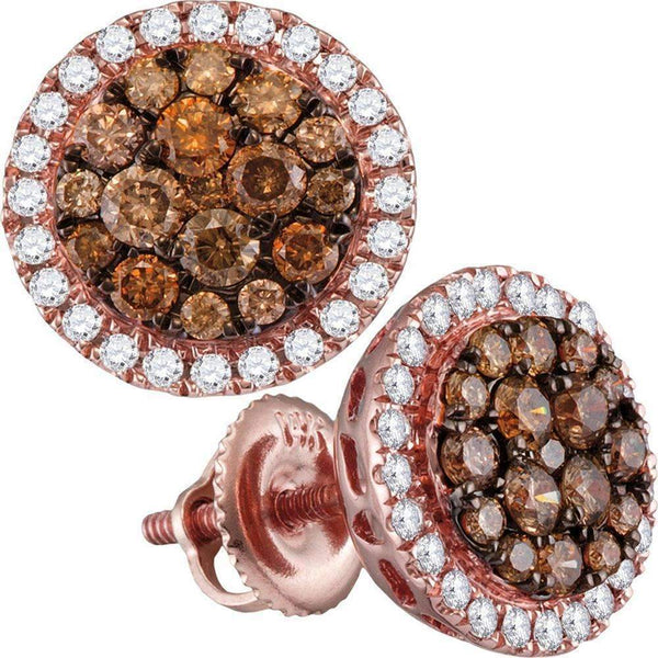 14kt Rose Gold Women's Round Cognac-brown Color Enhanced Diamond Circle Frame Cluster Earrings 1.00 Cttw - FREE Shipping (USA/CAN)-Gold & Diamond Earrings-JadeMoghul Inc.