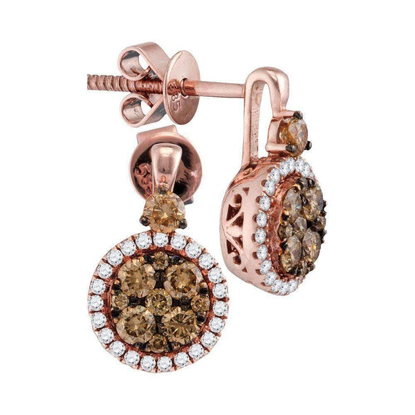 14kt Rose Gold Women's Round Cognac-brown Color Enhanced Diamond Cluster Frame Earrings 7-8 Cttw - FREE Shipping (USA/CAN)-Gold & Diamond Earrings-JadeMoghul Inc.