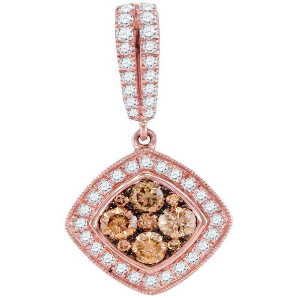 14kt Rose Gold Women's Round Cognac-brown Color Enhanced Diamond Diagonal Square Cluster Pendant 1.00 Cttw - FREE Shipping (US/CAN)-Gold & Diamond Pendants & Necklaces-JadeMoghul Inc.