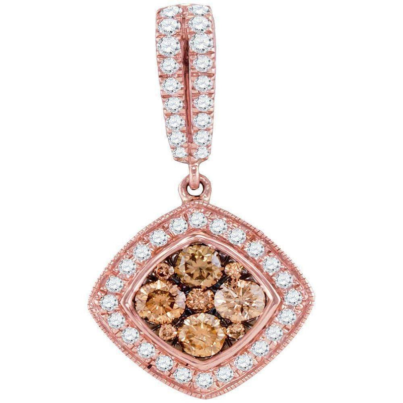 14kt Rose Gold Women's Round Cognac-brown Color Enhanced Diamond Diagonal Square Cluster Pendant 1.00 Cttw - FREE Shipping (US/CAN)-Gold & Diamond Pendants & Necklaces-JadeMoghul Inc.