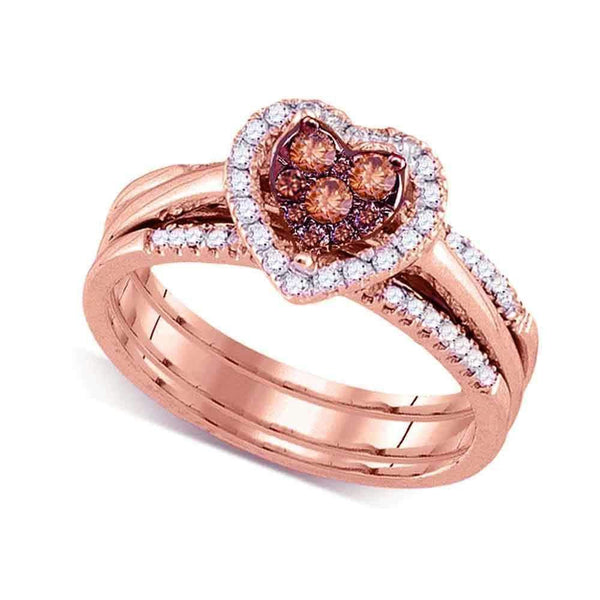 14kt Rose Gold Women's Round Cognac-brown Color Enhanced Diamond Heart Cluster Bridal Wedding Engagement Ring Band Set 1/2 Cttw - FREE Shipping (US/CAN)-Gold & Diamond Wedding Ring Sets-5.5-JadeMoghul Inc.