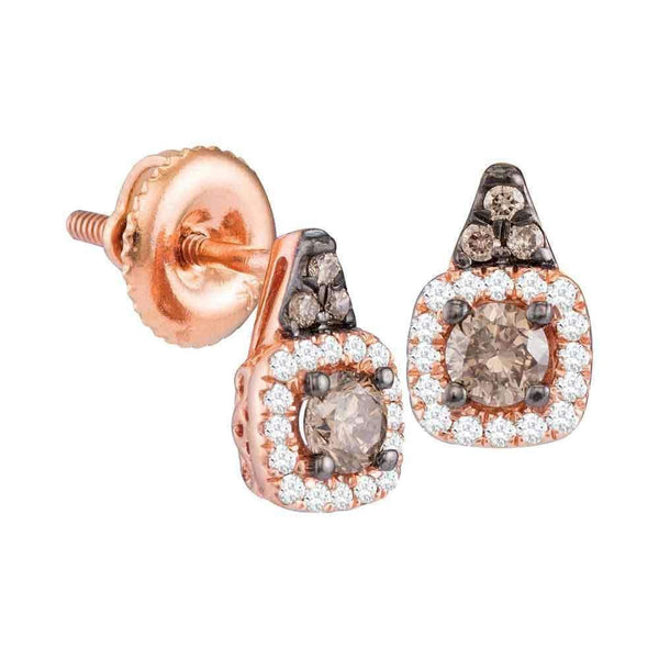 14kt Rose Gold Women's Round Cognac-brown Color Enhanced Diamond Solitaire Square Frame Earrings 3-8 Cttw - FREE Shipping (USA/CAN)-Gold & Diamond Earrings-JadeMoghul Inc.