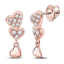 14kt Rose Gold Women's Round Diamond Triple Heart Dangle Earrings 1-6 Cttw - FREE Shipping (US/CAN)-Gold & Diamond Earrings-JadeMoghul Inc.