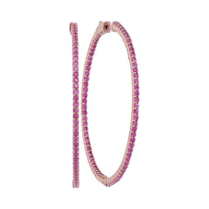 14kt Rose Gold Women's Round Natural Pink Sapphire Slender Hoop Earrings 3-1-2 Cttw - FREE Shipping (USA/CAN)-Gold & Diamond Earrings-JadeMoghul Inc.