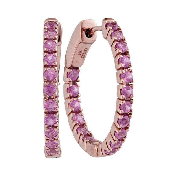 14kt Rose Gold Women's Round Pink Sapphire Hoop Earrings 1-1-4 Cttw - FREE Shipping (USA/CAN)-Gold & Diamond Earrings-JadeMoghul Inc.