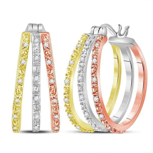 14kt Tri-Tone Gold Womens Round Diamond Triple Hoop Earrings 1-5 Cttw-Gold & Diamond Earrings-JadeMoghul Inc.