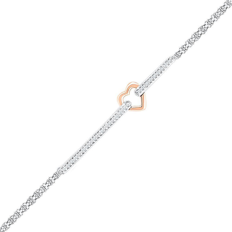 14kt Two-tone Gold Women's Diamond Heart Fashion Bracelet 1/8 Cttw-Gold & Diamond Bracelets-JadeMoghul Inc.