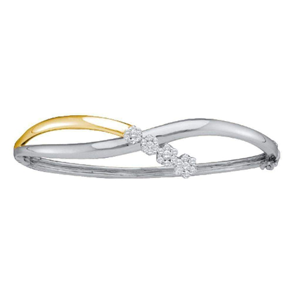 14kt Two-tone Gold Women's Round Diamond Flower Cluster Bangle Bracelet 1-2 Cttw - FREE Shipping (US/CAN)-Gold & Diamond Bracelets-JadeMoghul Inc.
