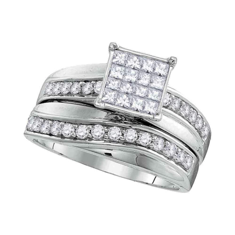 14kt White Gold His & Hers Princess Diamond Cluster Matching Bridal Wedding Ring Band Set 1-1/5 Cttw - FREE Shipping (US/CAN)-Wedding Jewelry-5-JadeMoghul Inc.