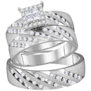 14kt White Gold His & Hers Princess Diamond Cluster Matching Bridal Wedding Ring Band Set 7-8 Cttw-Gold & Diamond Trio Sets-JadeMoghul Inc.