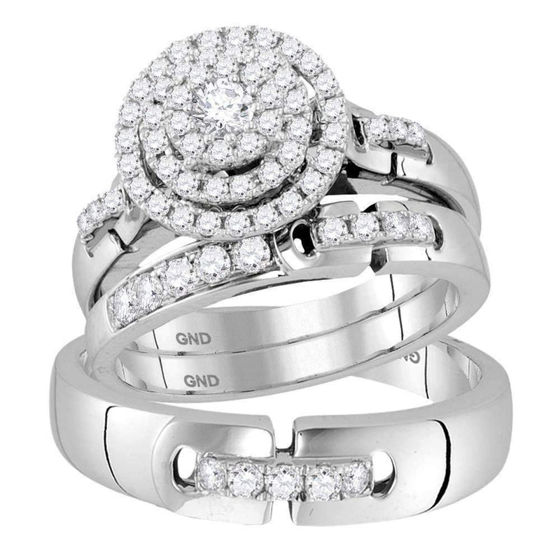 14kt White Gold His & Hers Round Diamond Cluster Matching Bridal Wedding Ring Band Set 1.00 Cttw - FREE Shipping (US/CAN)-Wedding Jewelry-JadeMoghul Inc.