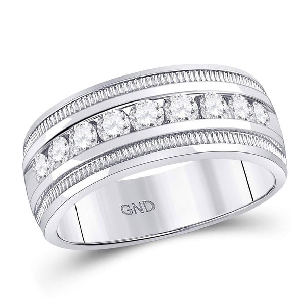 14kt White Gold Mens Diamond Single Row Textured Wedding Band Ring 1.00 Cttw-Gold & Diamond Men Rings-JadeMoghul Inc.