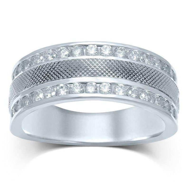 14kt White Gold Mens Round Diamond Double Row Textured Wedding Band Ring 1.00 Cttw-Gold & Diamond Wedding Jewelry-JadeMoghul Inc.