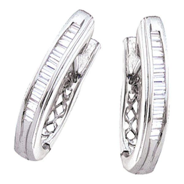 14kt White Gold Women's Baguette Diamond Hoop Earrings 1-2 Cttw - FREE Shipping (USA/CAN)-Gold & Diamond Earrings-JadeMoghul Inc.