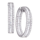 14kt White Gold Women's Baguette Round Diamond Inside Outside Hoop Earrings 3-1-2 Cttw - FREE Shipping (US/CAN)-Gold & Diamond Earrings-JadeMoghul Inc.