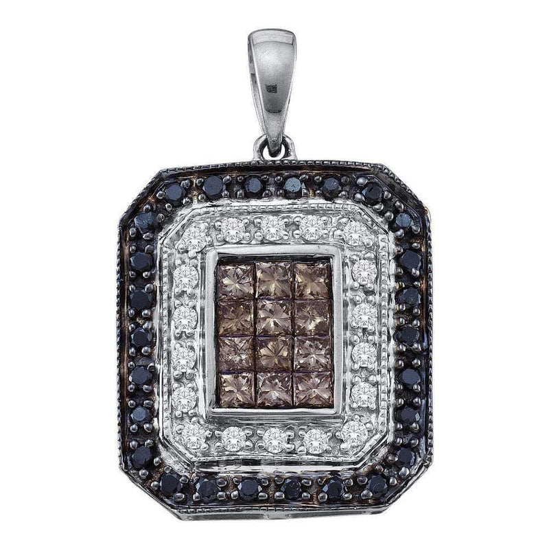 14kt White Gold Women's Black Brown Color Enhanced Diamond Rectangle Cluster Pendant 3-4 Cttw - FREE Shipping (US/CAN)-Gold & Diamond Pendants & Necklaces-JadeMoghul Inc.