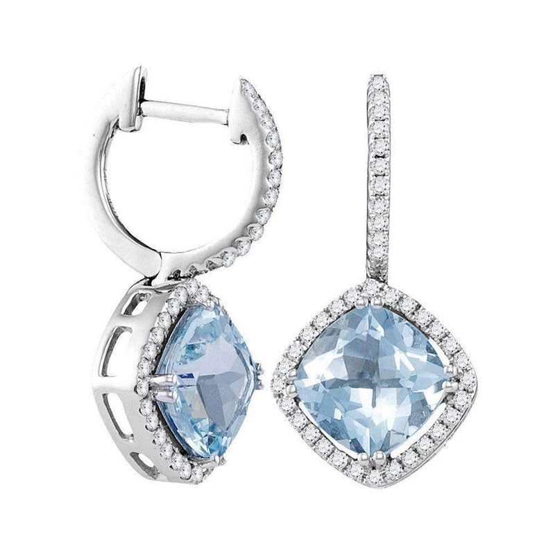 14kt White Gold Women's Cushion Natural Aquamarine Diamond Dangle Earrings 4-3-8 Cttw - FREE Shipping (US/CAN)-Gold & Diamond Earrings-JadeMoghul Inc.