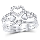 14kt White Gold Women's Diamond 2-Piece Beaded Heart Band Ring Set 1/3 Cttw-Gold & Diamond Rings-JadeMoghul Inc.