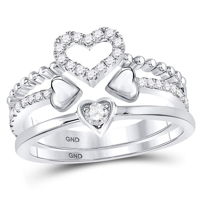 14kt White Gold Women's Diamond 2-Piece Beaded Heart Band Ring Set 1/3 Cttw-Gold & Diamond Rings-JadeMoghul Inc.