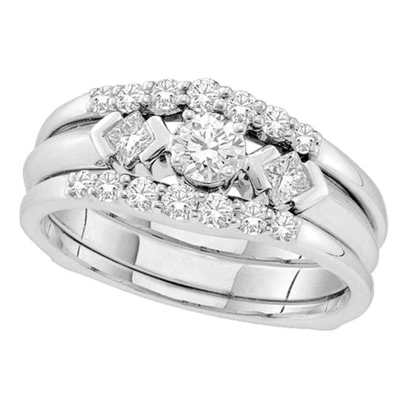 14kt White Gold Women's Diamond 3-Stone Bridal or Engagement Ring Band Set 3/4 Cttw-Gold & Diamond Wedding Jewelry-JadeMoghul Inc.