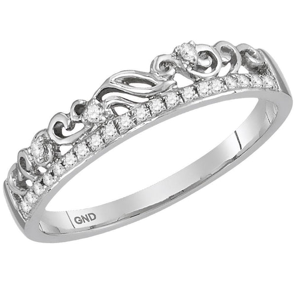 14kt White Gold Women's Diamond Floral Accent Stackable Band Ring 1/12 Cttw-Gold & Diamond Rings-JadeMoghul Inc.