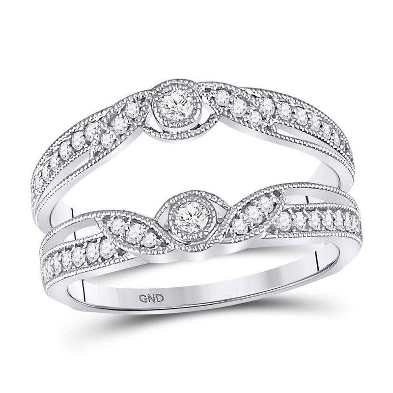14kt White Gold Women's Diamond Flower Petals Ring Guard Enhancer Wedding Band 1/3 Cttw-Gold & Diamond Rings-JadeMoghul Inc.