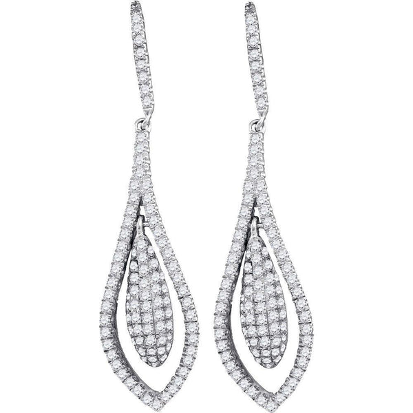 14kt White Gold Women's Diamond Oblong Oval Dangle Earrings 1-1/3 Cttw-Gold & Diamond Earrings-JadeMoghul Inc.