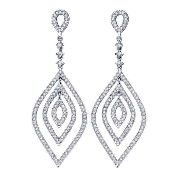 14kt White Gold Women's Diamond Oval Dangle Earrings 1-1/5 Cttw-Gold & Diamond Earrings-JadeMoghul Inc.