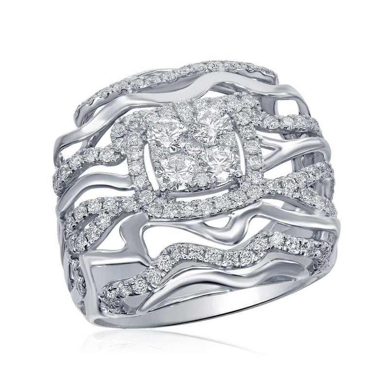 14kt White Gold Women's Diamond Wavy Strand Cocktail Ring 1-1/2 Cttw-Gold & Diamond Rings-JadeMoghul Inc.