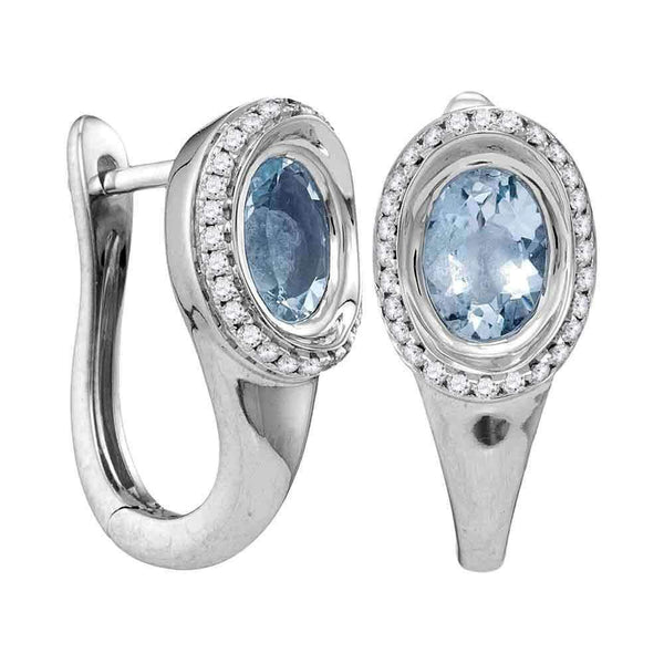 14kt White Gold Women's Oval Aquamarine Solitaire Diamond Frame Hoop Earrings 7-8 Cttw - FREE Shipping (USA/CAN)-Gold & Diamond Earrings-JadeMoghul Inc.