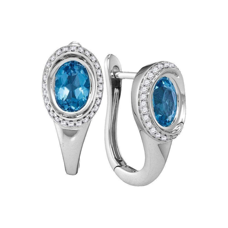 14kt White Gold Women's Oval Natural Blue Topaz Diamond Hoop Earrings 1-4 Cttw - FREE Shipping (US/CAN)-Gold & Diamond Earrings-JadeMoghul Inc.