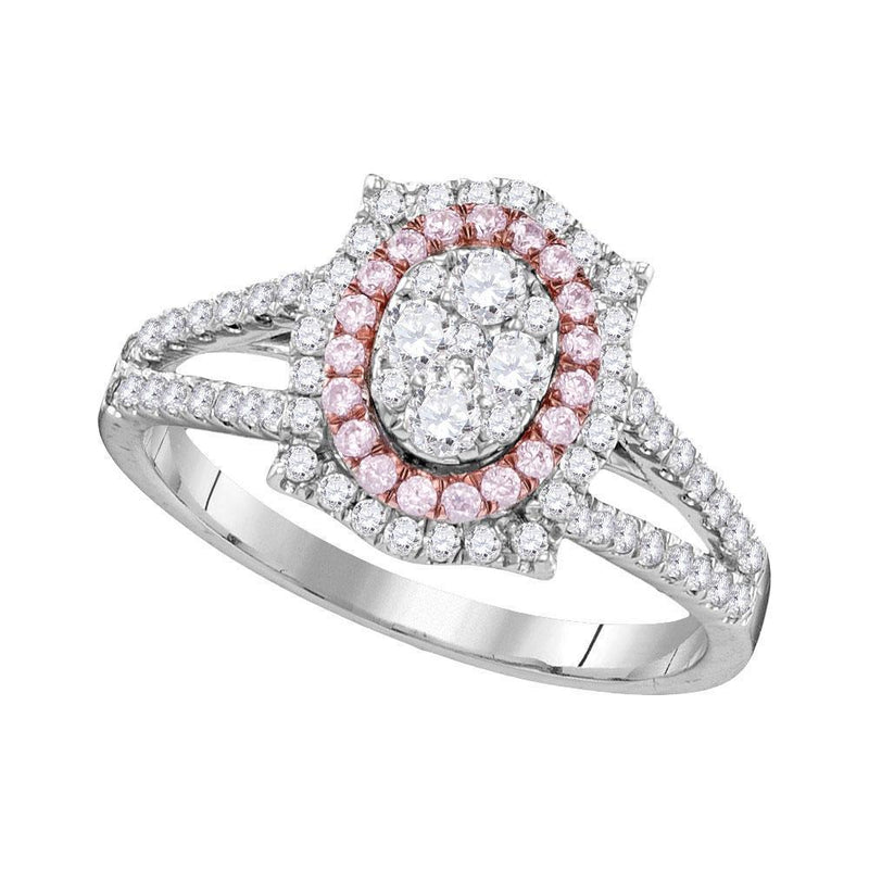 14kt White Gold Women's Pink Diamond Oval Cluster Ring 3/4 Cttw-Gold & Diamond Rings-JadeMoghul Inc.