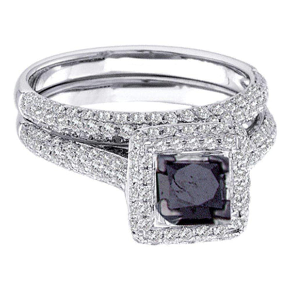 14kt White Gold Women's Princess Black Color Enhanced Diamond Bridal Wedding Engagement Ring Band Set 1-1/4 Cttw - FREE Shipping (US/CAN)-Gold & Diamond Wedding Ring Sets-6-JadeMoghul Inc.