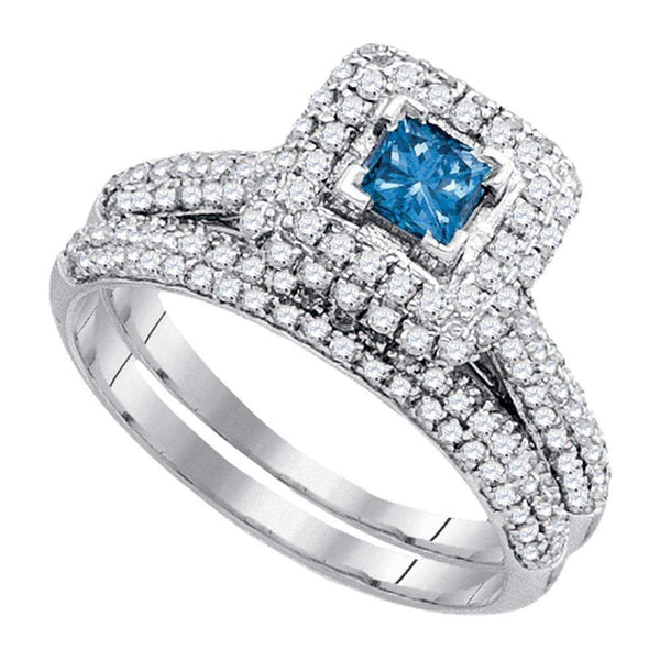 14kt White Gold Women's Princess Blue Color Enhanced Diamond Bridal Wedding Engagement Ring Band Set 1-1/4 Cttw - FREE Shipping (US/CAN)-Gold & Diamond Wedding Ring Sets-5-JadeMoghul Inc.
