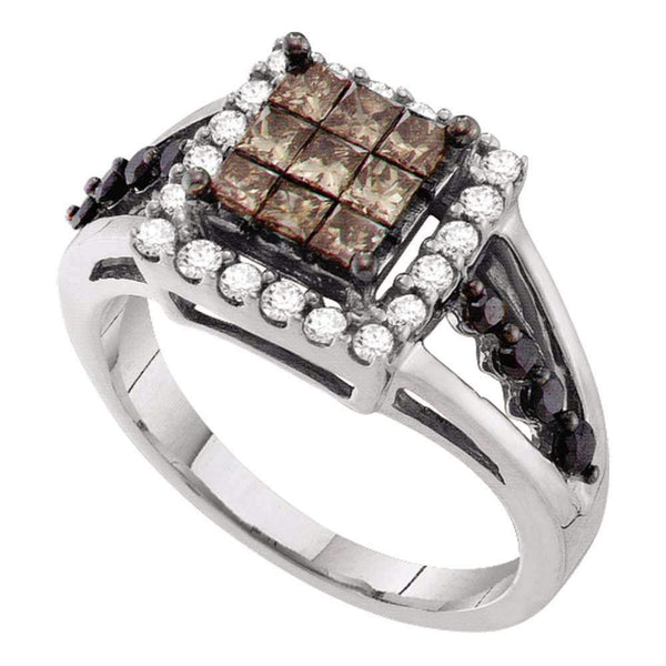 14kt White Gold Women's Princess Cognac-brown Color Enhanced Diamond Cocktail Ring 1.00 Cttw - FREE Shipping (US/CAN)-Gold & Diamond Fashion Rings-5.5-JadeMoghul Inc.